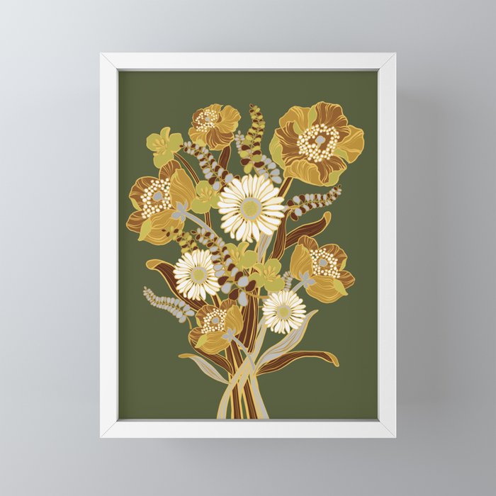 70s, flowers, green, retro, vintage, floral bouquet, olive green Mini Art Print