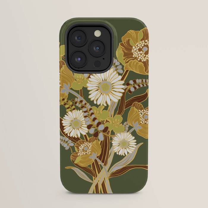 70s, flowers, green, retro, vintage, floral bouquet, olive green iPhone Case