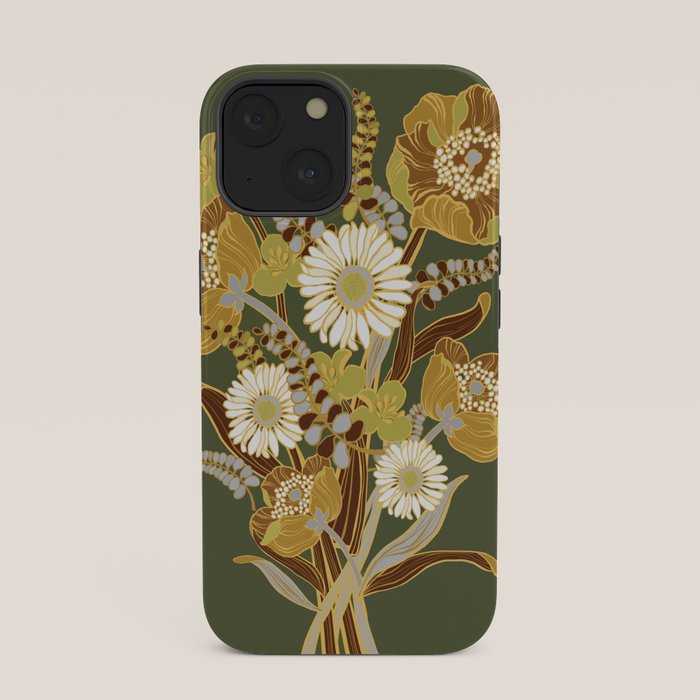70s, flowers, green, retro, vintage, floral bouquet, olive green iPhone Case