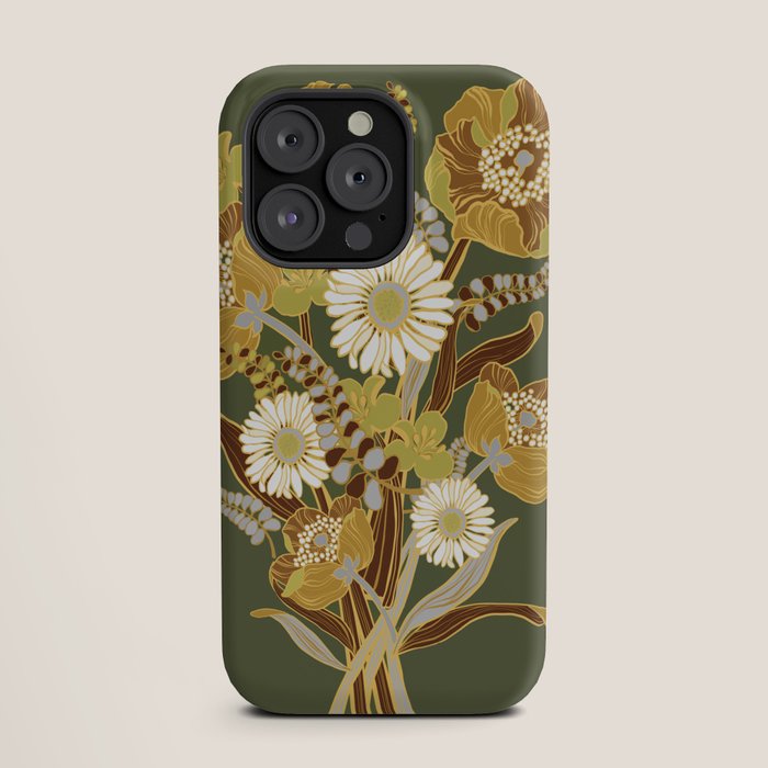 70s, flowers, green, retro, vintage, floral bouquet, olive green iPhone Case