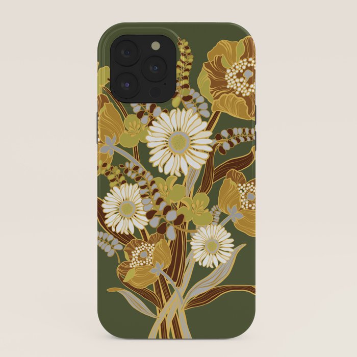 70s, flowers, green, retro, vintage, floral bouquet, olive green iPhone Case
