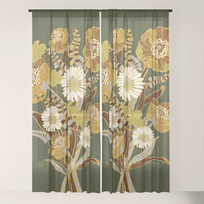 70s, flowers, green, retro, vintage, floral bouquet, olive green Window Curtain