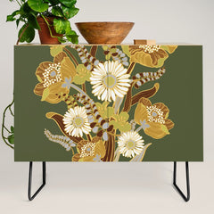 70s, flowers, green, retro, vintage, floral bouquet, olive green Credenza