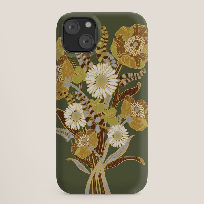 70s, flowers, green, retro, vintage, floral bouquet, olive green iPhone Case