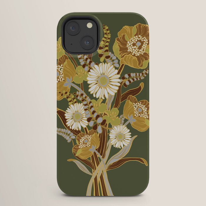 70s, flowers, green, retro, vintage, floral bouquet, olive green iPhone Case