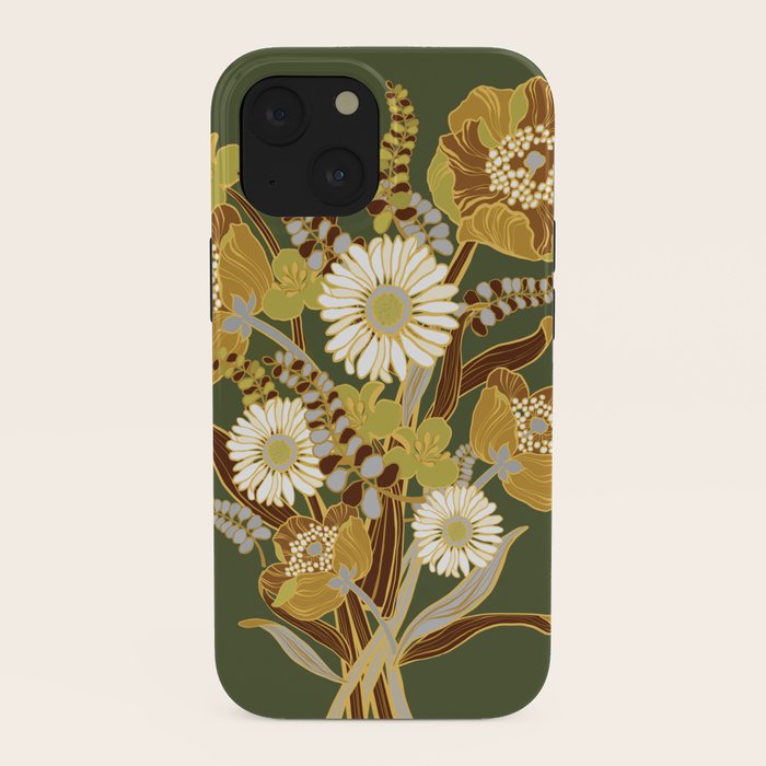 70s, flowers, green, retro, vintage, floral bouquet, olive green iPhone Case