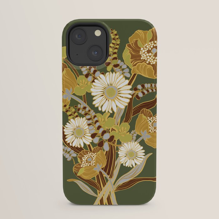 70s, flowers, green, retro, vintage, floral bouquet, olive green iPhone Case