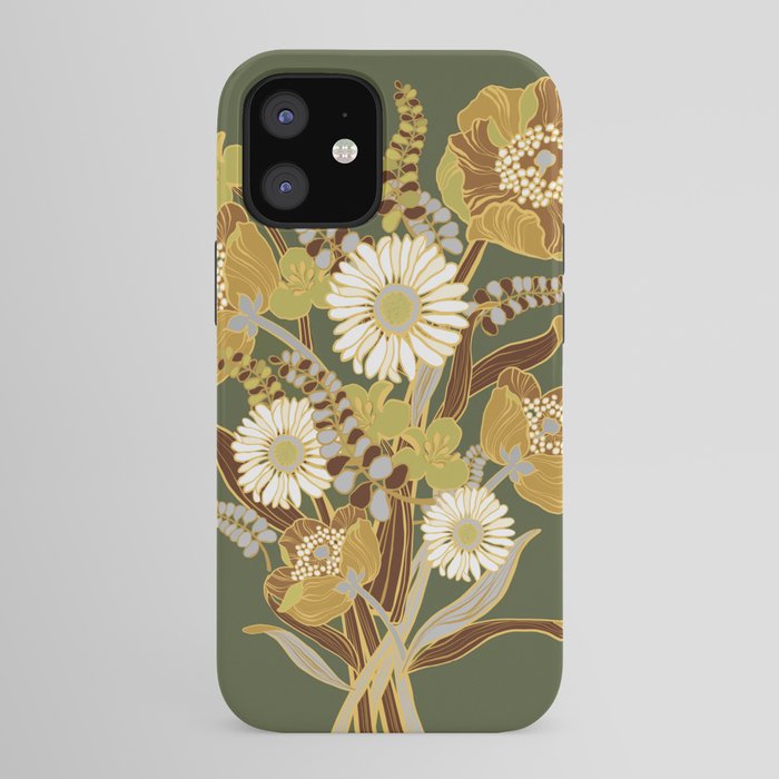 70s, flowers, green, retro, vintage, floral bouquet, olive green iPhone Case