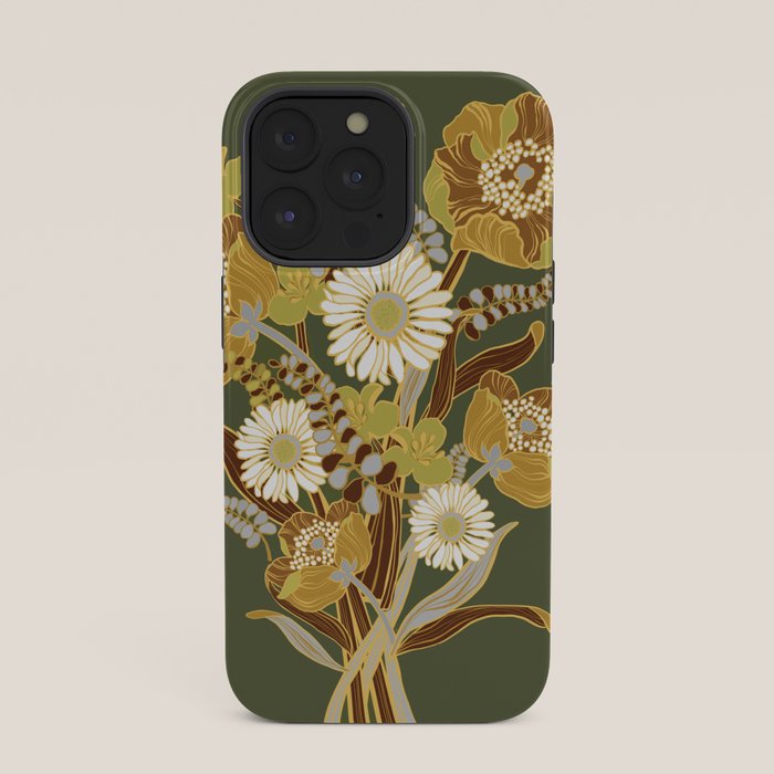 70s, flowers, green, retro, vintage, floral bouquet, olive green iPhone Case