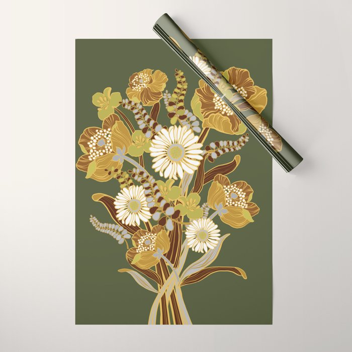 70s, flowers, green, retro, vintage, floral bouquet, olive green Wrapping Paper