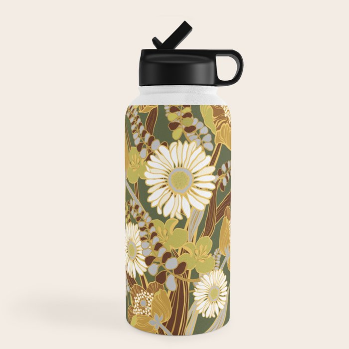 70s, flowers, green, retro, vintage, floral bouquet, olive green Water Bottle