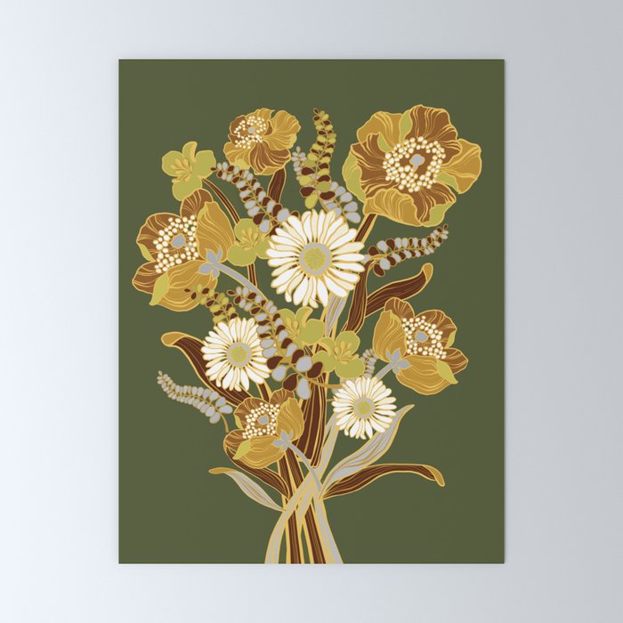 70s, flowers, green, retro, vintage, floral bouquet, olive green Mini Art Print