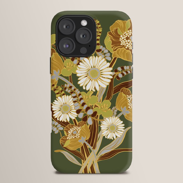 70s, flowers, green, retro, vintage, floral bouquet, olive green iPhone Case