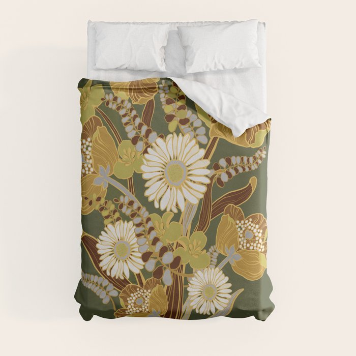 70s, flowers, green, retro, vintage, floral bouquet, olive green Duvet Cover
