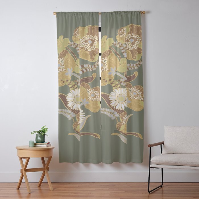 70s, flowers, green, retro, vintage, floral bouquet, olive green Window Curtain