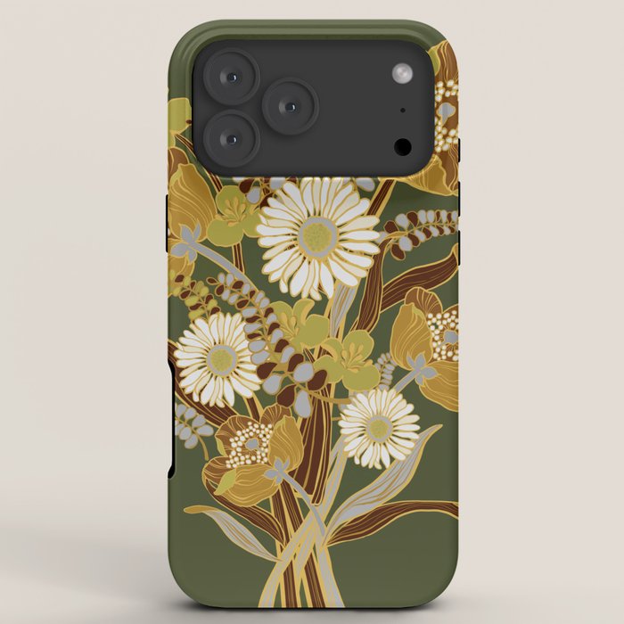 70s, flowers, green, retro, vintage, floral bouquet, olive green iPhone Case