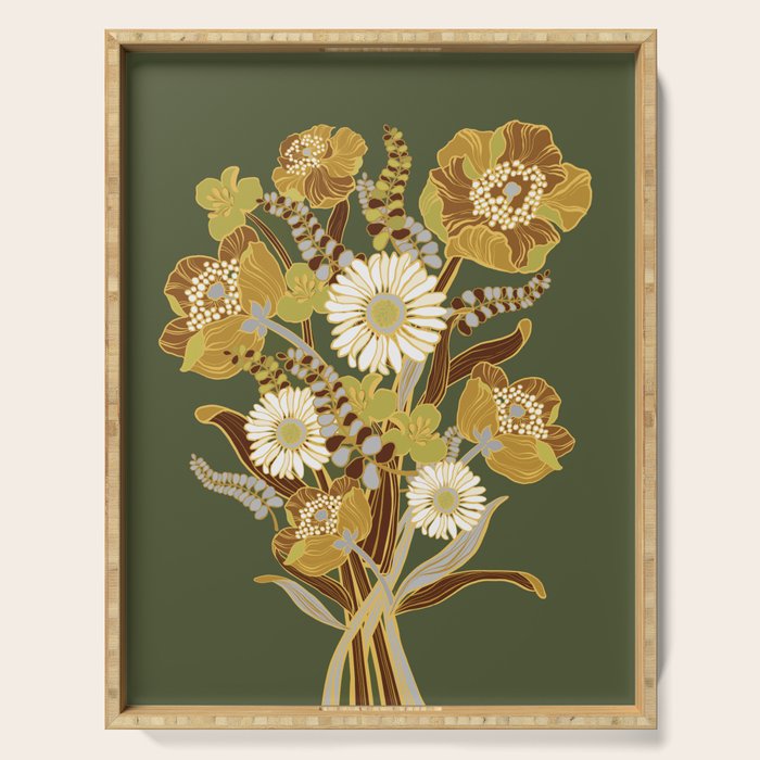 70s, flowers, green, retro, vintage, floral bouquet, olive green Serving Tray