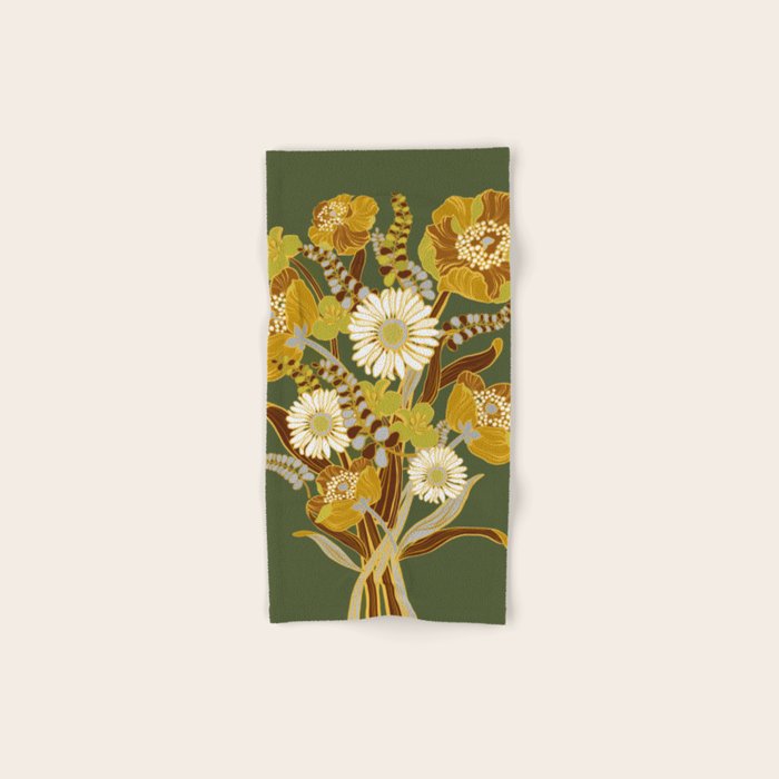 70s, flowers, green, retro, vintage, floral bouquet, olive green Bath Towel