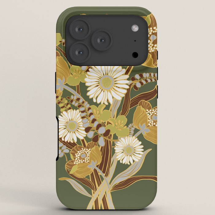 70s, flowers, green, retro, vintage, floral bouquet, olive green iPhone Case