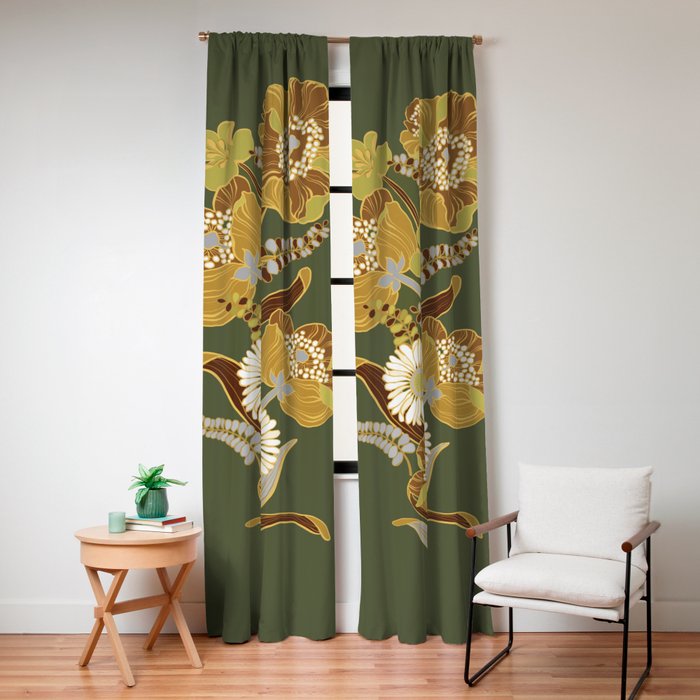70s, flowers, green, retro, vintage, floral bouquet, olive green Window Curtain