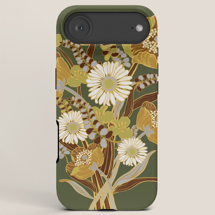 70s, flowers, green, retro, vintage, floral bouquet, olive green iPhone Case