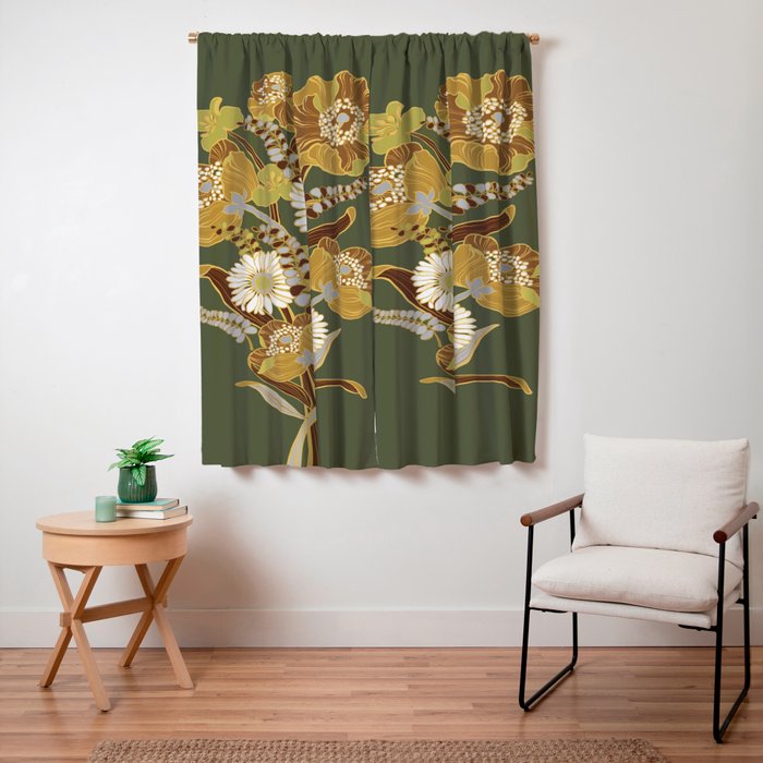 70s, flowers, green, retro, vintage, floral bouquet, olive green Window Curtain