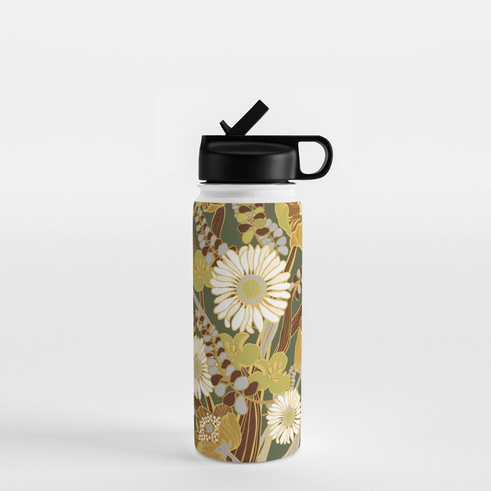 70s, flowers, green, retro, vintage, floral bouquet, olive green Water Bottle