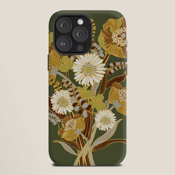 70s, flowers, green, retro, vintage, floral bouquet, olive green iPhone Case