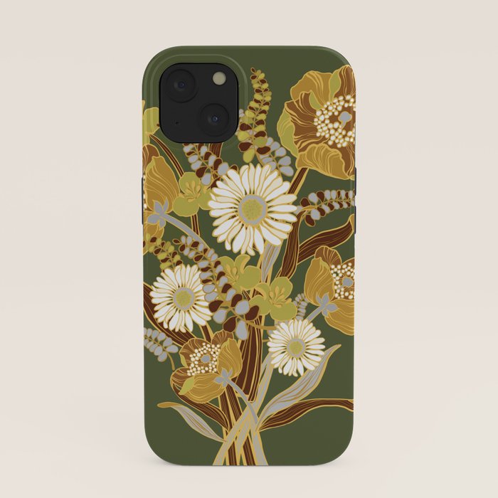 70s, flowers, green, retro, vintage, floral bouquet, olive green iPhone Case