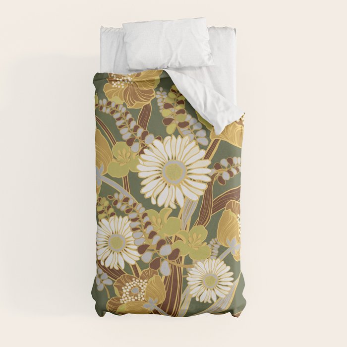 70s, flowers, green, retro, vintage, floral bouquet, olive green Duvet Cover