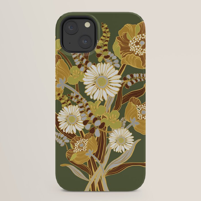 70s, flowers, green, retro, vintage, floral bouquet, olive green iPhone Case