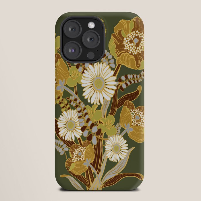 70s, flowers, green, retro, vintage, floral bouquet, olive green iPhone Case