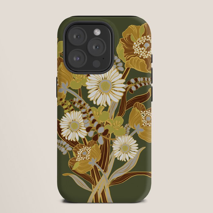 70s, flowers, green, retro, vintage, floral bouquet, olive green iPhone Case