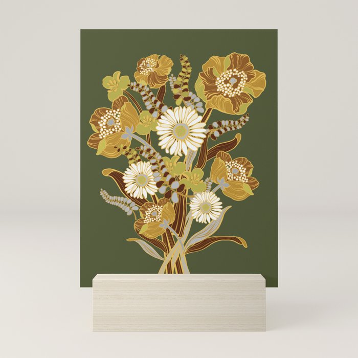 70s, flowers, green, retro, vintage, floral bouquet, olive green Mini Art Print