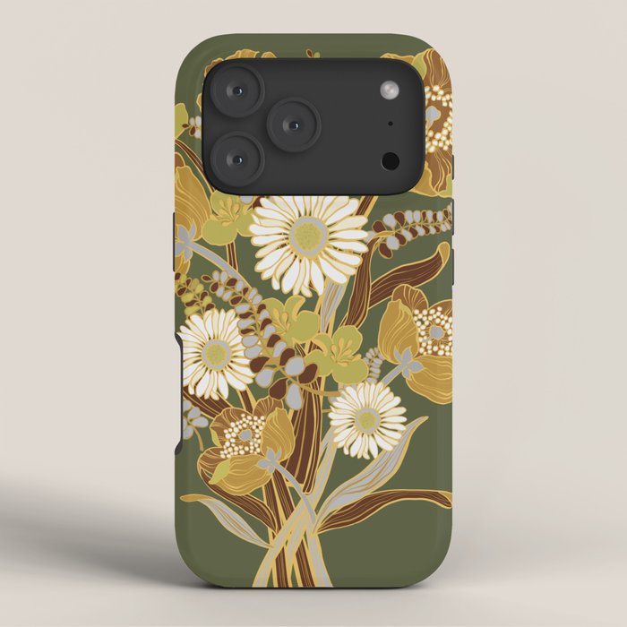 70s, flowers, green, retro, vintage, floral bouquet, olive green iPhone Case