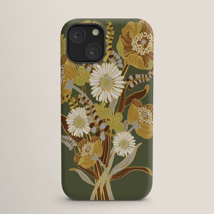 70s, flowers, green, retro, vintage, floral bouquet, olive green iPhone Case
