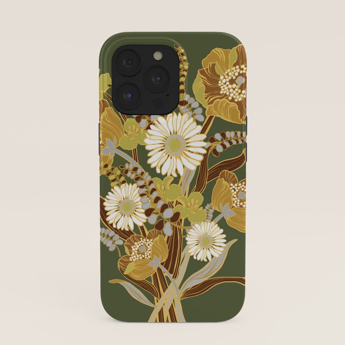 70s, flowers, green, retro, vintage, floral bouquet, olive green iPhone Case