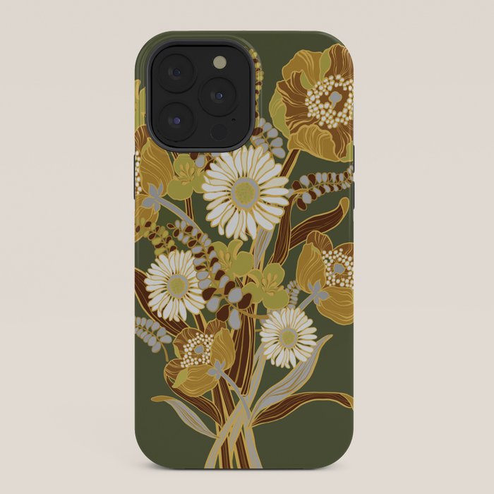 70s, flowers, green, retro, vintage, floral bouquet, olive green iPhone Case