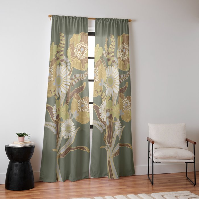 70s, flowers, green, retro, vintage, floral bouquet, olive green Window Curtain