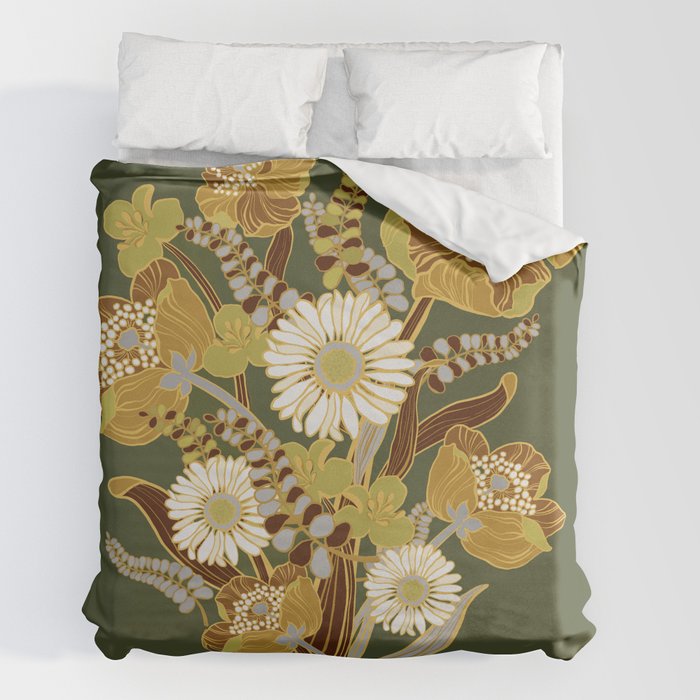 70s, flowers, green, retro, vintage, floral bouquet, olive green Duvet Cover