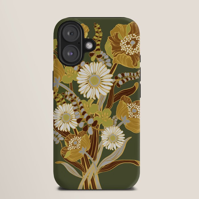 70s, flowers, green, retro, vintage, floral bouquet, olive green iPhone Case