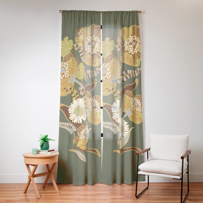 70s, flowers, green, retro, vintage, floral bouquet, olive green Window Curtain
