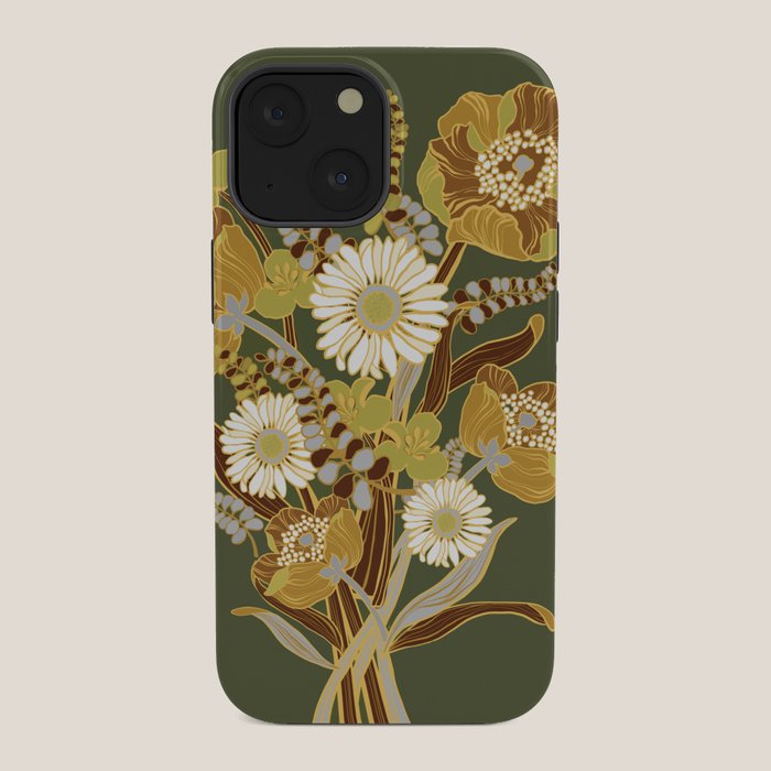 70s, flowers, green, retro, vintage, floral bouquet, olive green iPhone Case