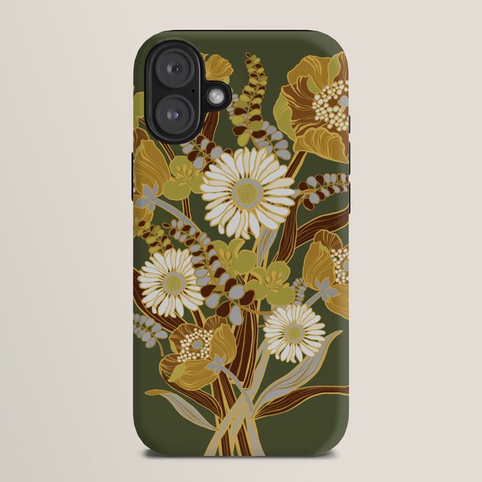 70s, flowers, green, retro, vintage, floral bouquet, olive green iPhone Case