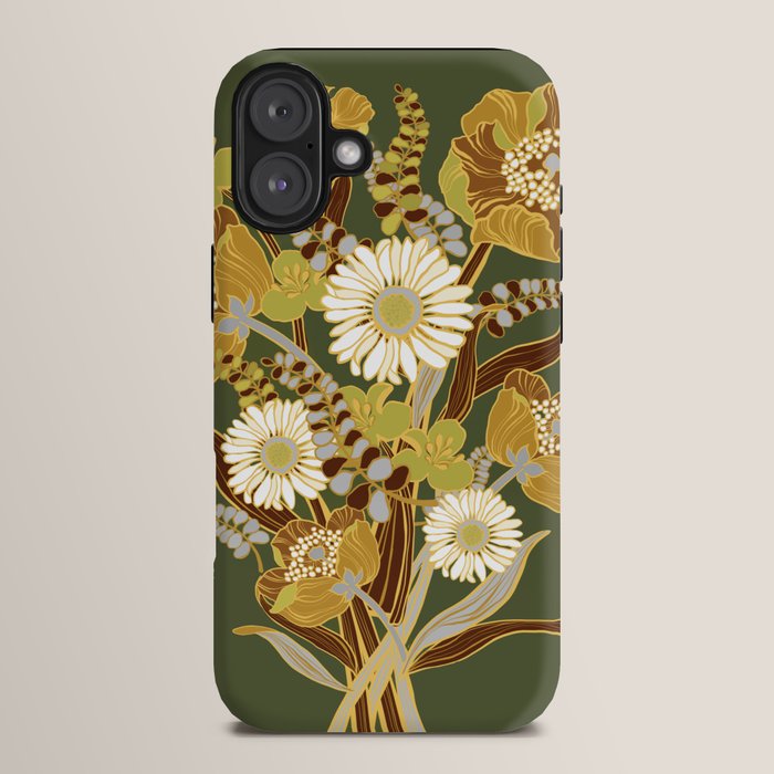 70s, flowers, green, retro, vintage, floral bouquet, olive green iPhone Case