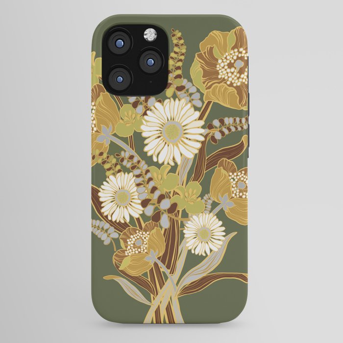 70s, flowers, green, retro, vintage, floral bouquet, olive green iPhone Case