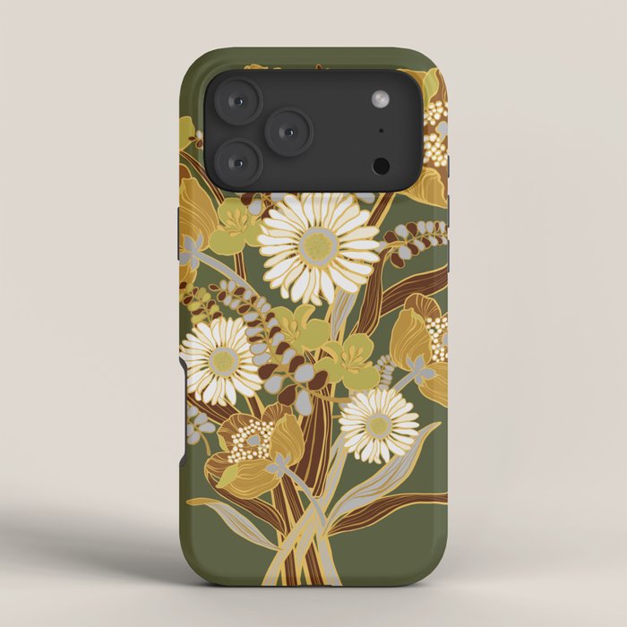 70s, flowers, green, retro, vintage, floral bouquet, olive green iPhone Case