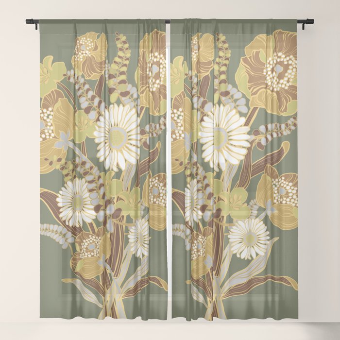 70s, flowers, green, retro, vintage, floral bouquet, olive green Window Curtain