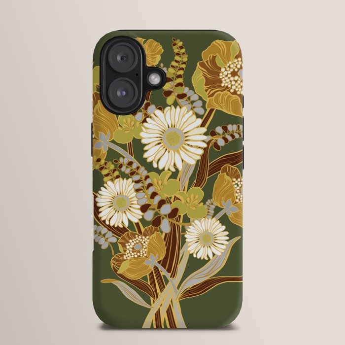70s, flowers, green, retro, vintage, floral bouquet, olive green iPhone Case