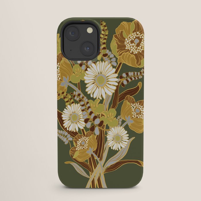 70s, flowers, green, retro, vintage, floral bouquet, olive green iPhone Case